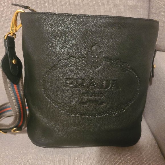 PRADA SECCHIELLO Embossed Logo Black Leather Cross Body Bag - Picture 1 of 5